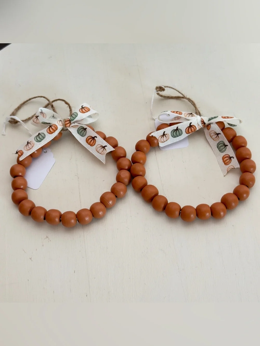 2 Handmade Wood Beaded Ornament With Pumpkin Print Bow
